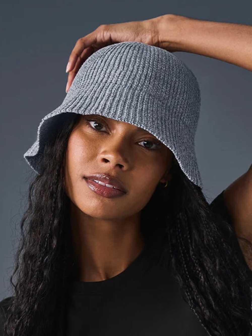 NWT Alo Yoga Denim Knit Cloche Steel Grey Anthracite Hat One Size